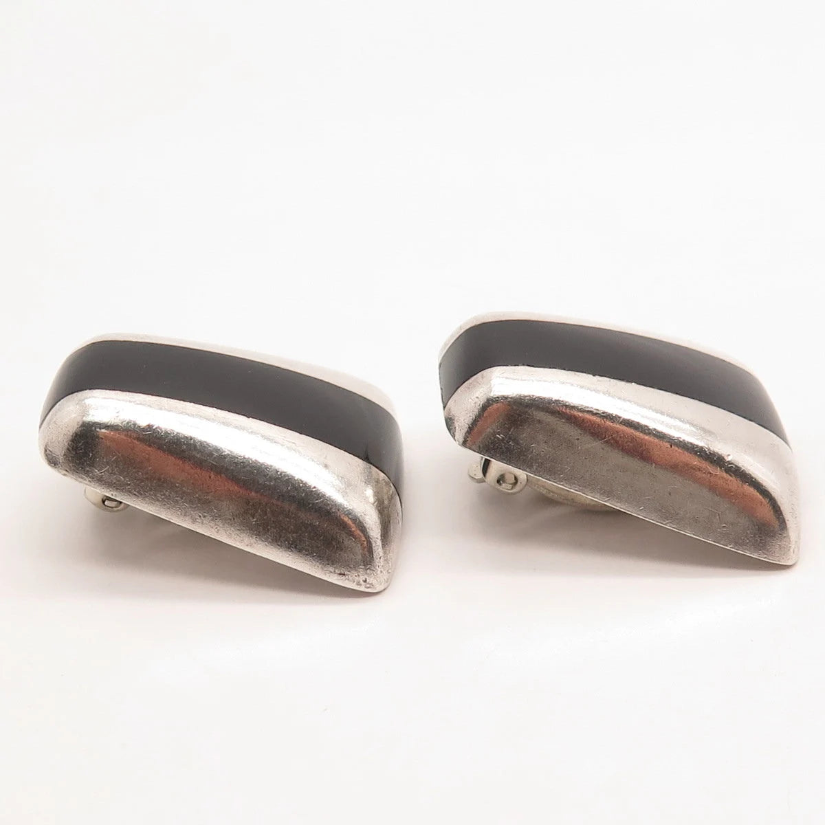 925 Sterling Silver Vintage Mexico Real Black Onyx Gemstone Clip On Earrings