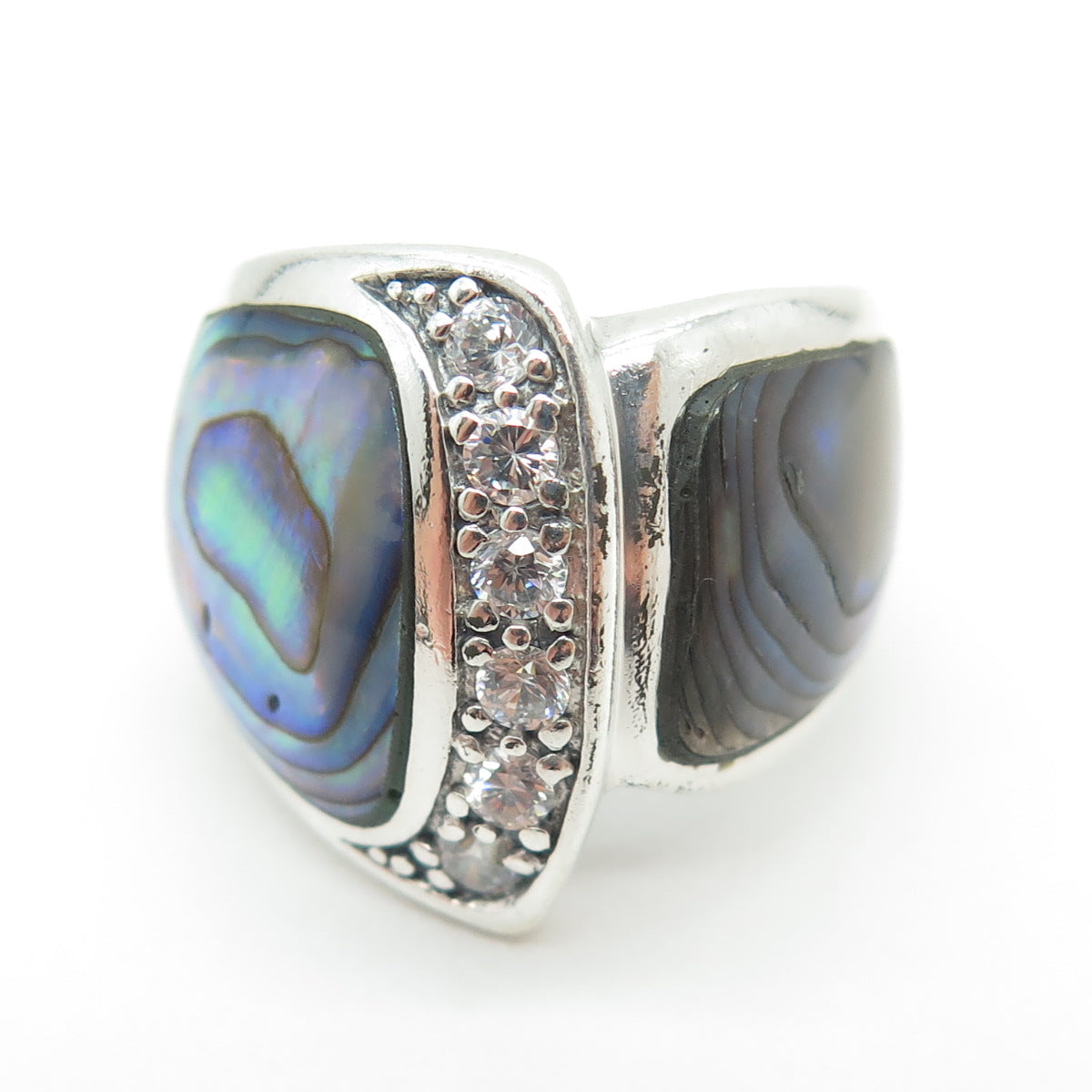 925 Sterling Silver Vintage Abalone Shell & Round-Cut Shaped C Z Ring Size 7