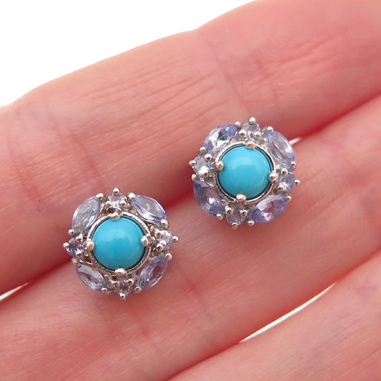 Chuck Clemency 925 Sterling Silver Real Turquoise & Tanzanite Stud Earrings