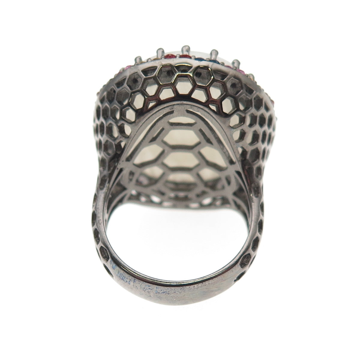 DSMK Sterling Black Rhodium Real Moonstone & Multi-Color Sapphire Ring Size 7.25