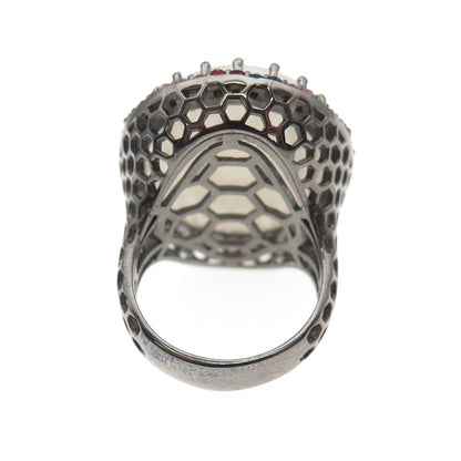 DSMK Sterling Black Rhodium Real Moonstone & Multi-Color Sapphire Ring Size 7.25