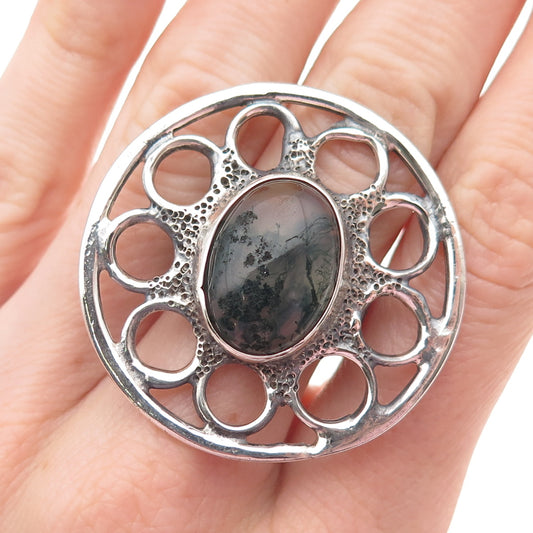925 Sterling Silver Vintage Real Moss Agate Oxidized Statement Ring Size 5.75