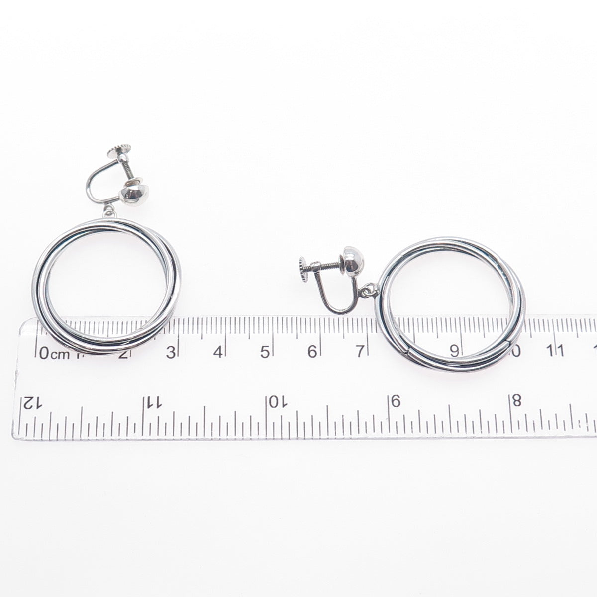 925 Sterling Silver Vintage Modernist Trinity Circle Dangle Screw Back Earrings