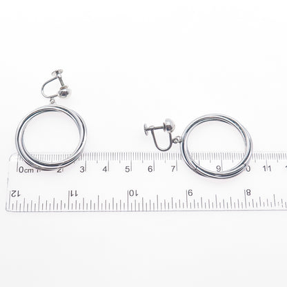 925 Sterling Silver Vintage Modernist Trinity Circle Dangle Screw Back Earrings