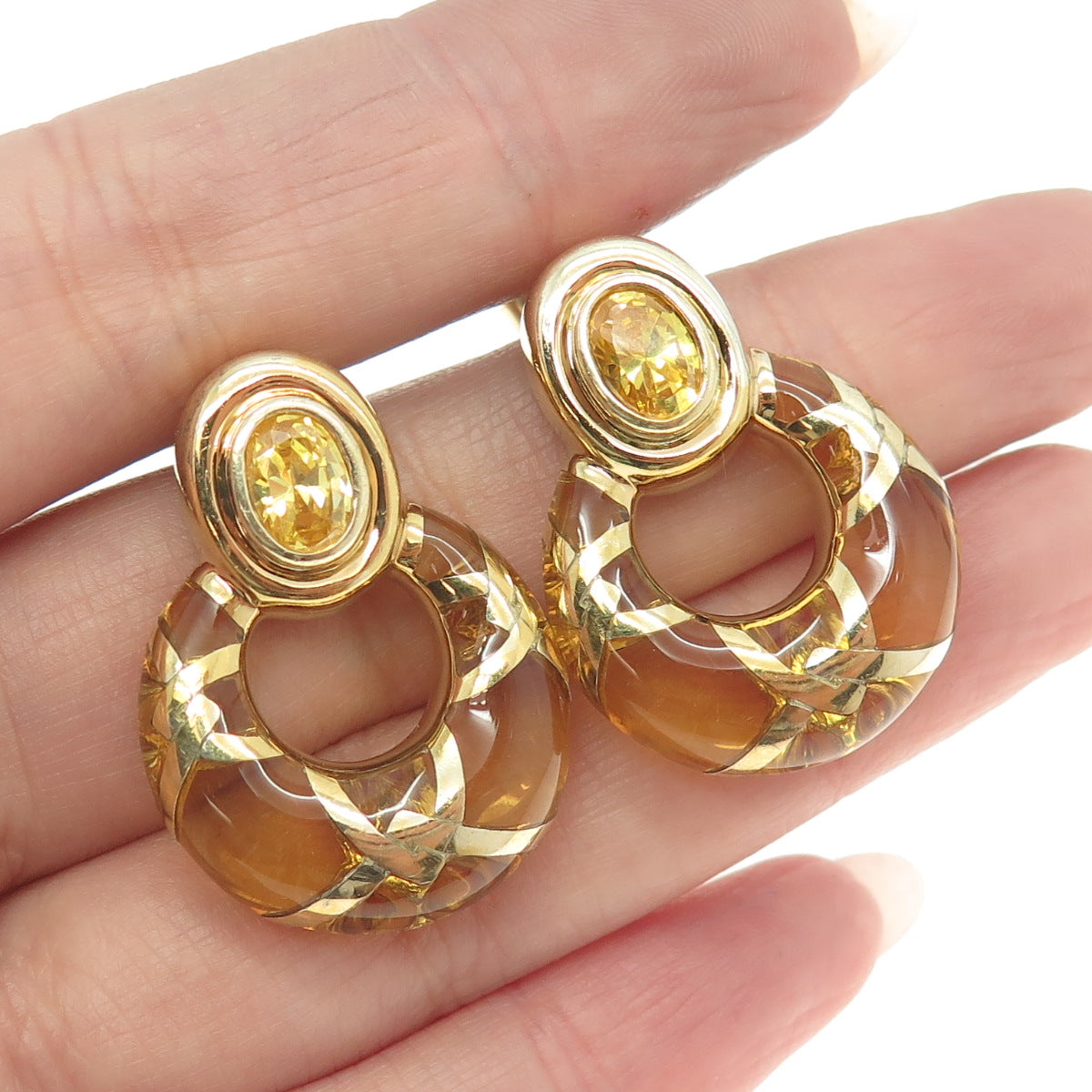 925 Sterling Silver Gold Plated Lemon C Z & Glass Dook Knocker Earrings