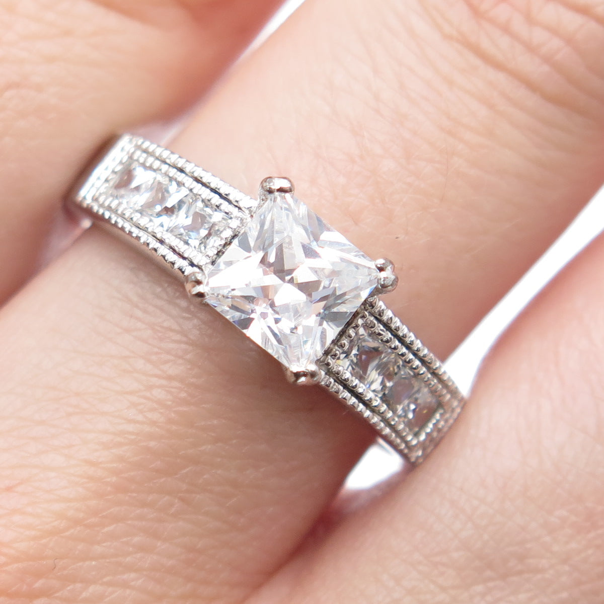 925 Sterling Silver Princess-Cut C Z Engagement Ring Size 9.5