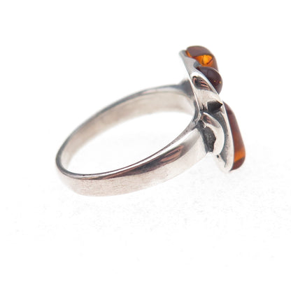 925 Sterling Silver Vintage Real Amber Modernist Oxidized Ring Size 6