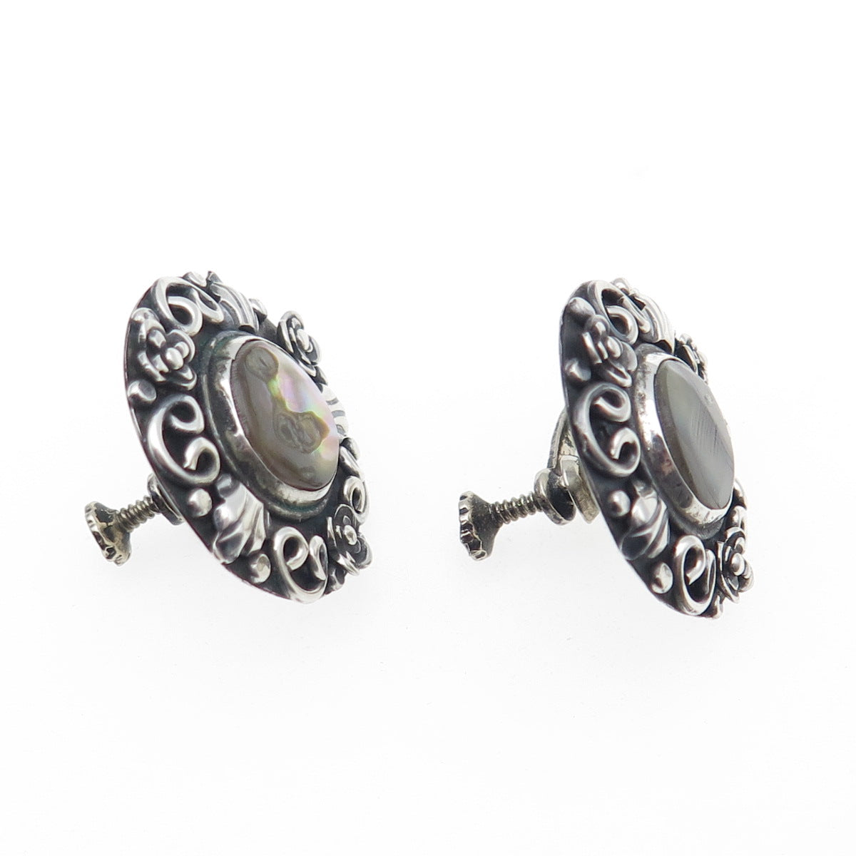 925 Sterling Vintage Mexico Real Abalone Shell Oxidized Screw Back Earrings