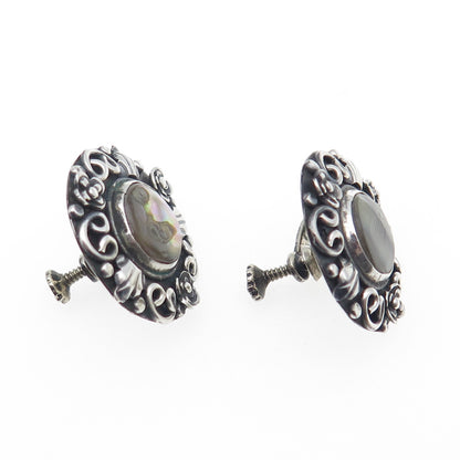 925 Sterling Vintage Mexico Real Abalone Shell Oxidized Screw Back Earrings