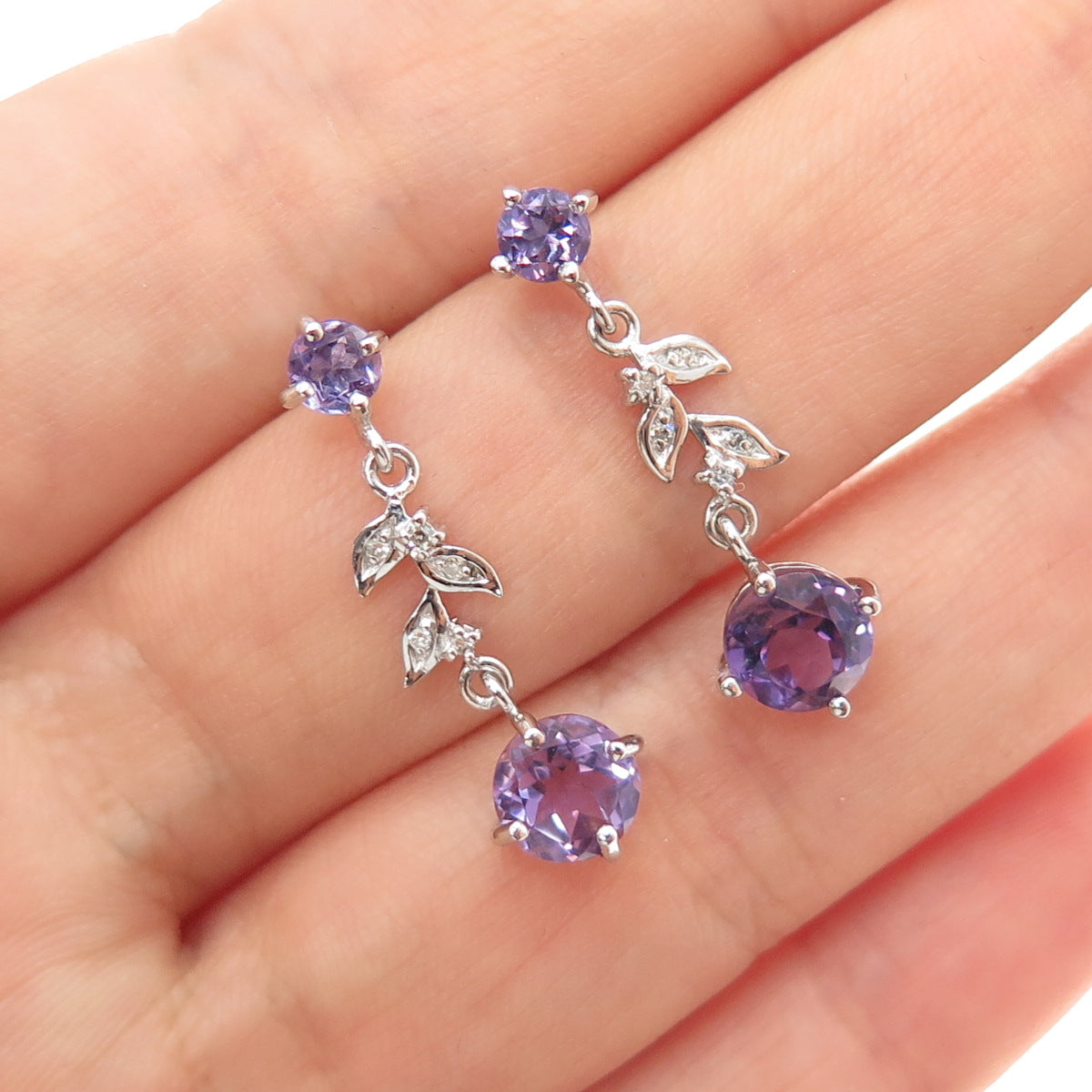 925 Sterling Silver Real Diamond & Amethyst Floral Leaf Dangle Earrings