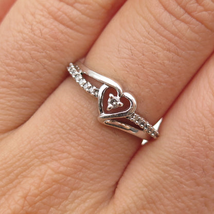 925 Sterling Silver Real Round-Cut Diamond Heart Ring Size 6.5