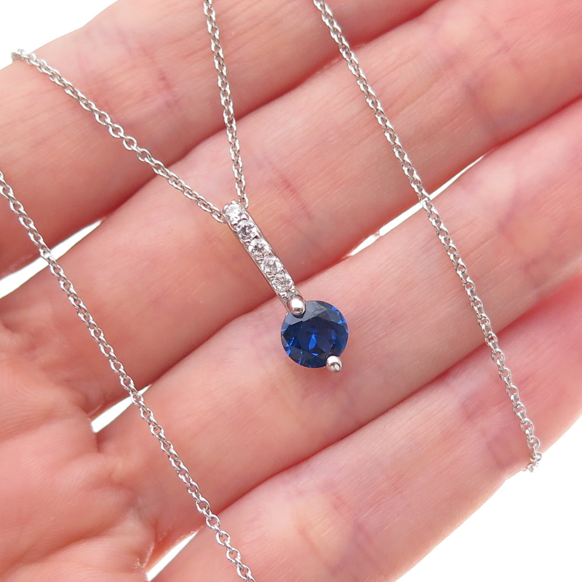 925 Sterling Silver Round-Cut Blue & White C Z Cable Chain Necklace 18"