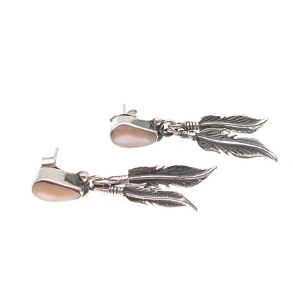 Old Pawn 925 Sterling Silver Vintage Southwestern MOP Feather Dangle Earrings