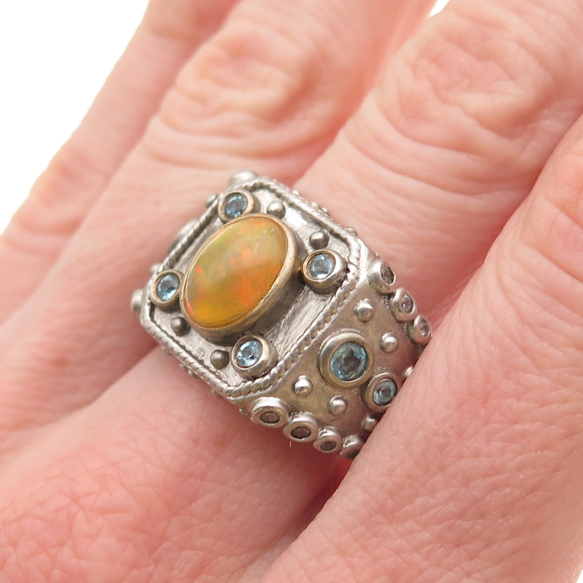 925 Sterling Silver Real Opal Blue Topaz & C Z Ring Size 9.25