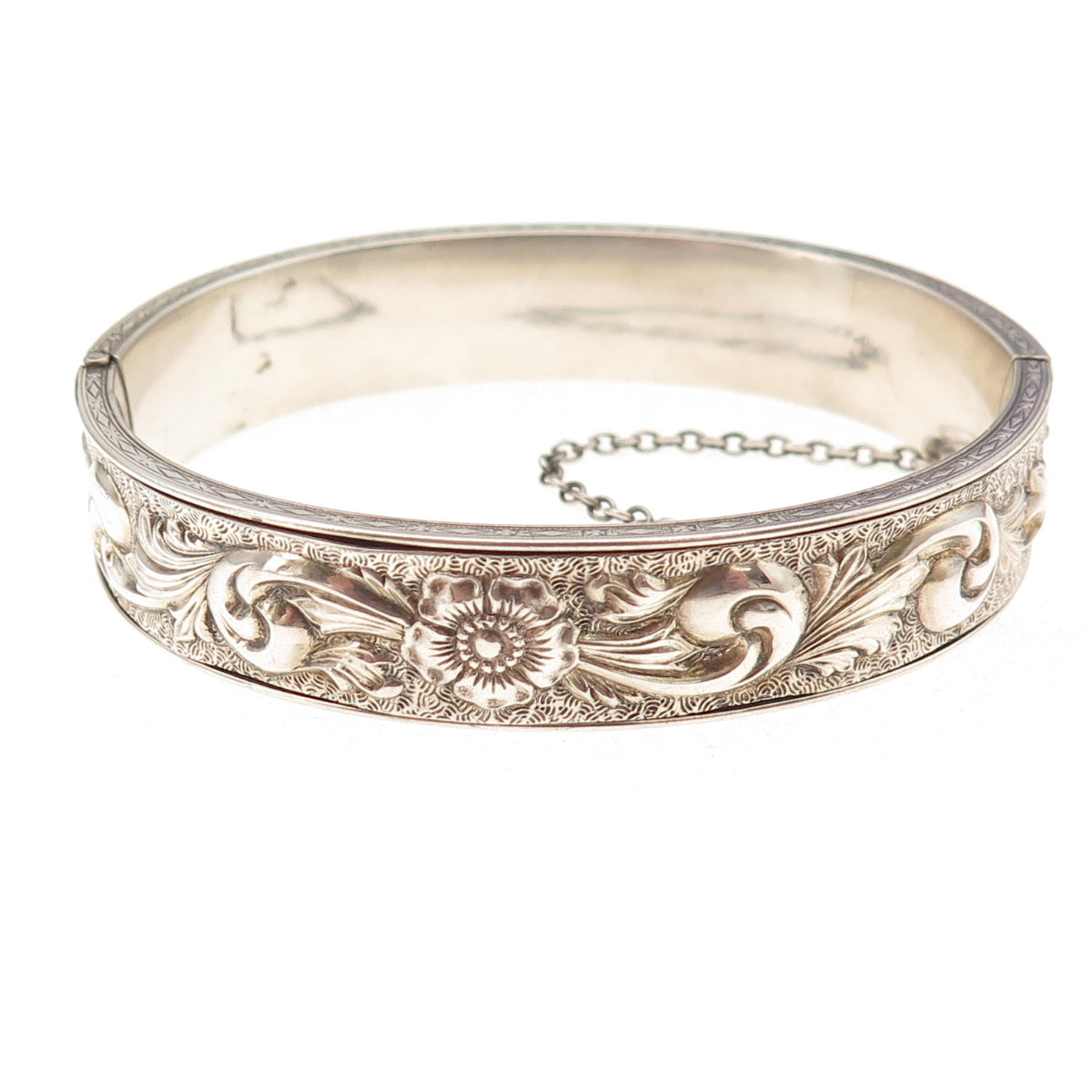 Dunn Bros Sterling Silver Antique Art Deco Floral Repousse Bangle Bracelet 7"