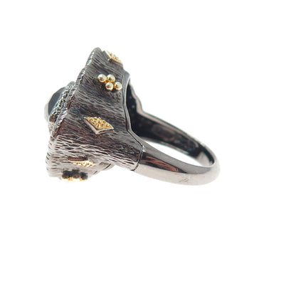 925 Sterling Silver 2-Tone Black Rhodium Vintage Diamond & Jasper Ring Size 5.25