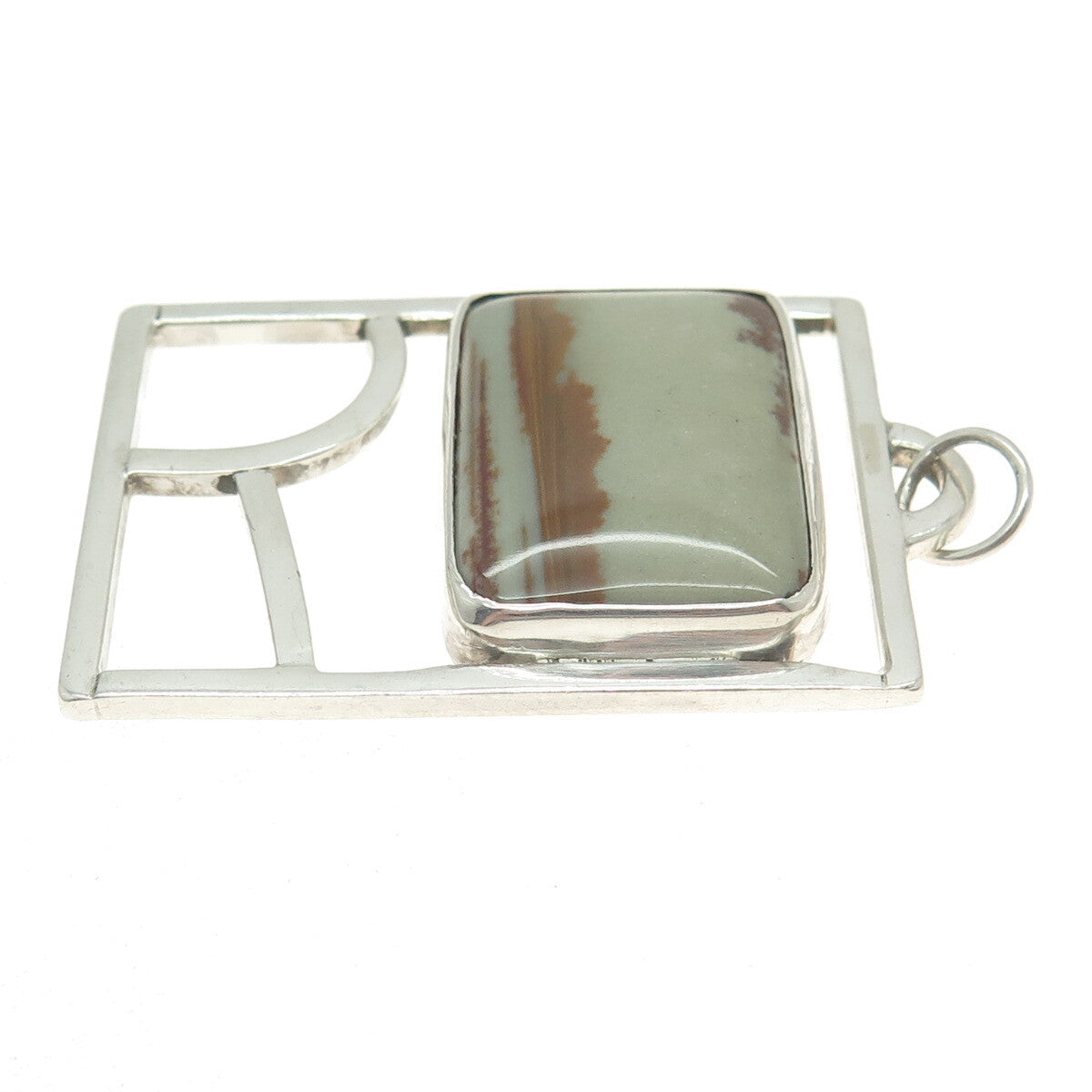 925 Sterling Silver Vintage Real Jasper Modernist Slide Pendant