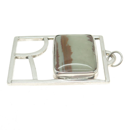 925 Sterling Silver Vintage Real Jasper Modernist Slide Pendant