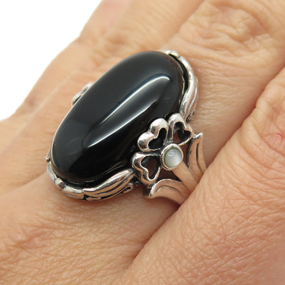 SX SALLY C 925 Sterling Silver Vintage Real Black Onyx & MOP Clover Ring Size 8