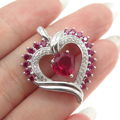 SAI 925 Sterling Silver Lab-Created Pink Sapphire Real White Topaz Heart Pendant