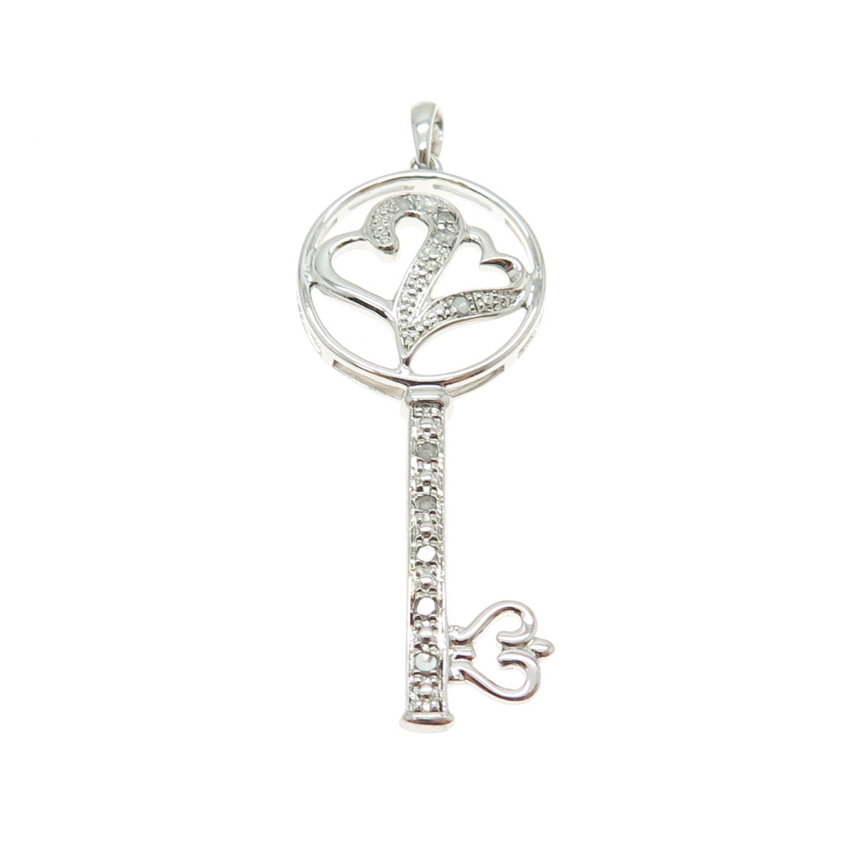 925 Sterling Silver Real Round-Cut Diamond Heart Key Pendant