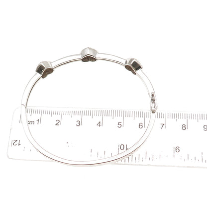 925 Sterling Silver Real Round-Cut Diamond Heart Station Bangle Bracelet 7"