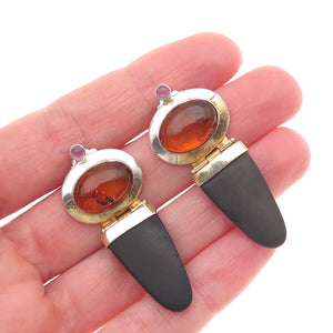Michou 925 Sterling Silver 2-Tone Vintage Real Amber Amethyst Obsidian Earrings