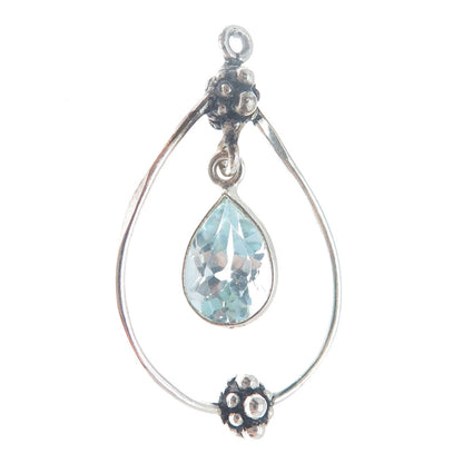 925 Sterling Silver Vintage Real Blue Topaz Granulated Teardrop Pendant