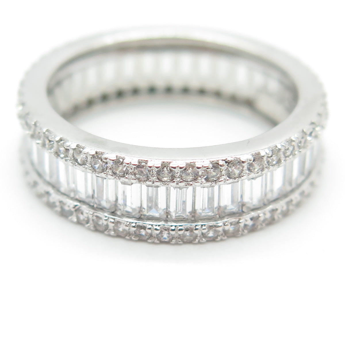 925 Sterling Silver Emerald & Round-Cut C Z All Around Eternity Ring Size 7.25