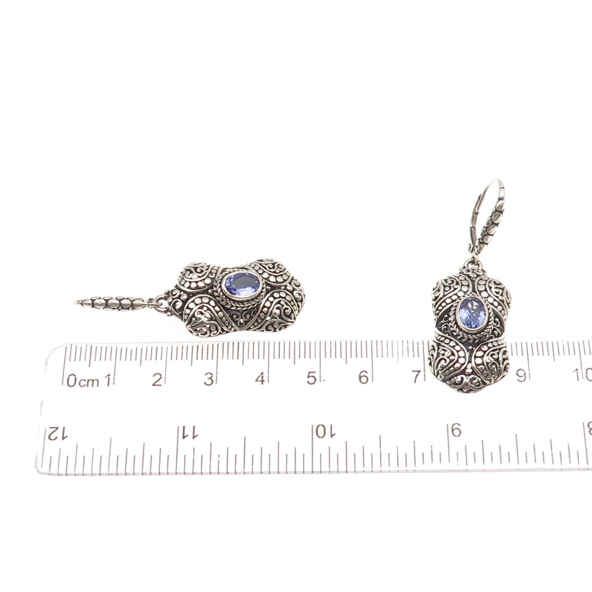 Sarda 925 Sterling Silver Vintage Real Iolite Ornate Oxidized Dangle Earrings