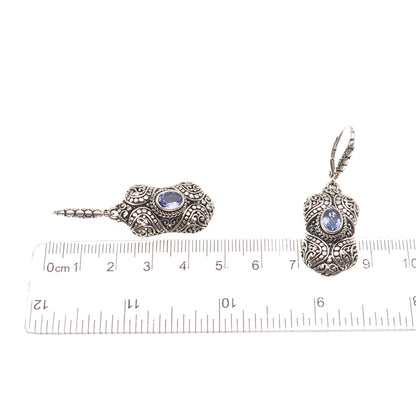 Sarda 925 Sterling Silver Vintage Real Iolite Ornate Oxidized Dangle Earrings