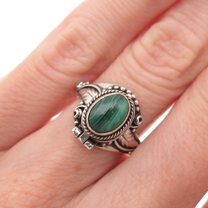925 Sterling Silver Vintage Real Malachite Oxidized Poison Ring Size 4.75