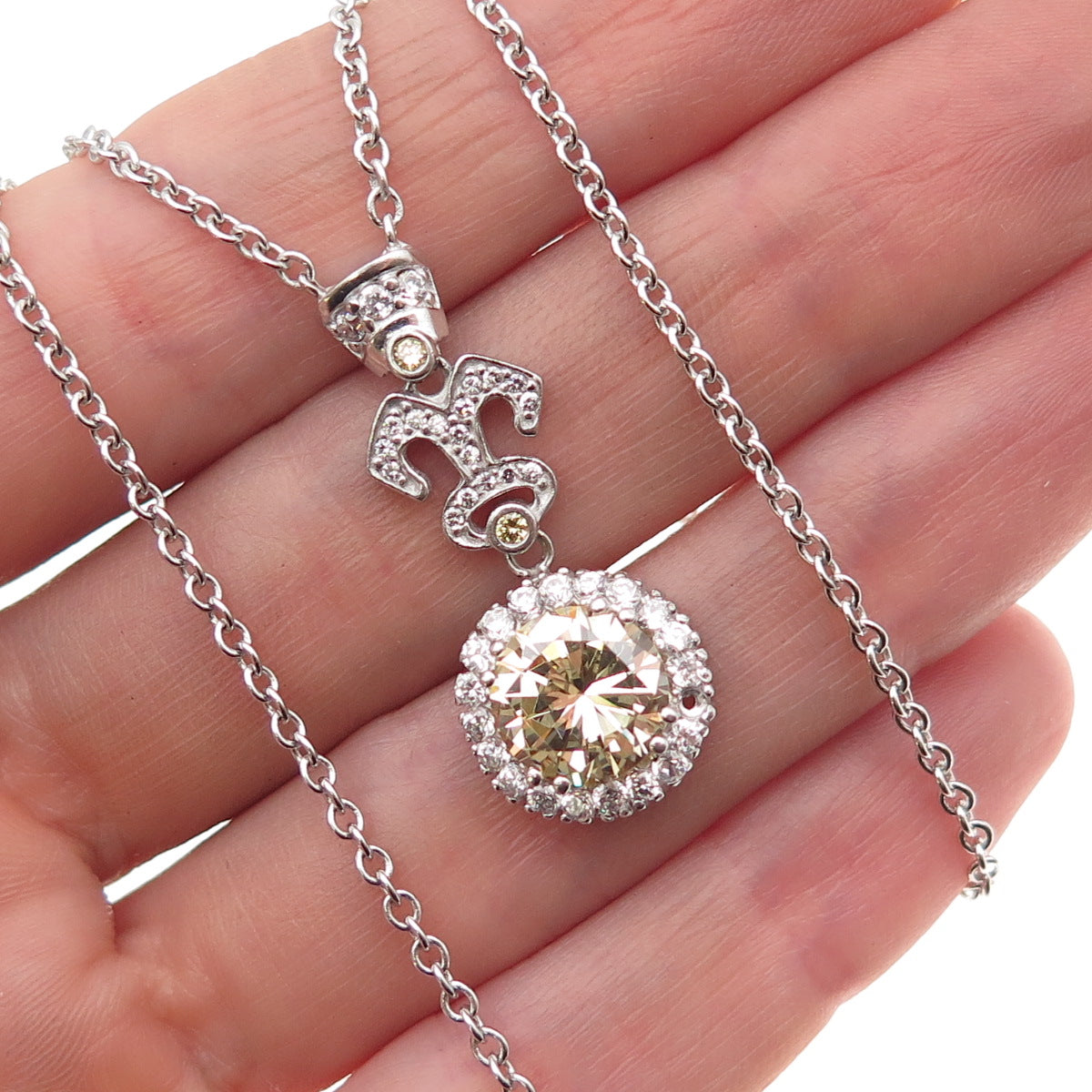 925 Sterling Silver Champagne & White C Z Cable Chain Necklace 16"