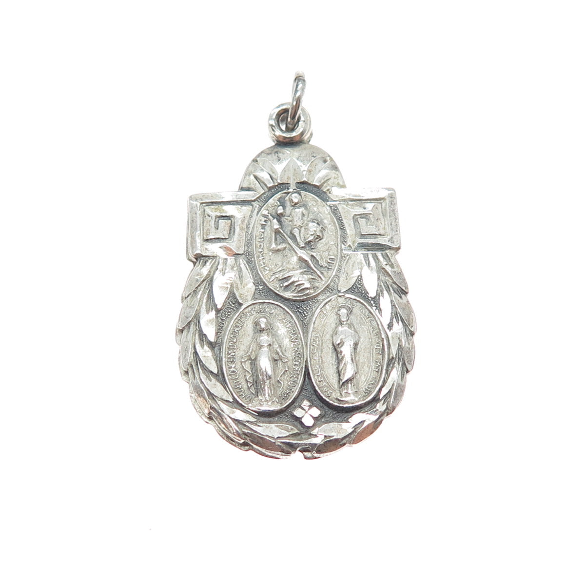 925 Sterling Silver Antique St. Mary St. Christopher & Jesus Slide Medal Pendant