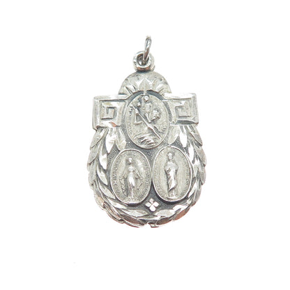 925 Sterling Silver Antique St. Mary St. Christopher & Jesus Slide Medal Pendant