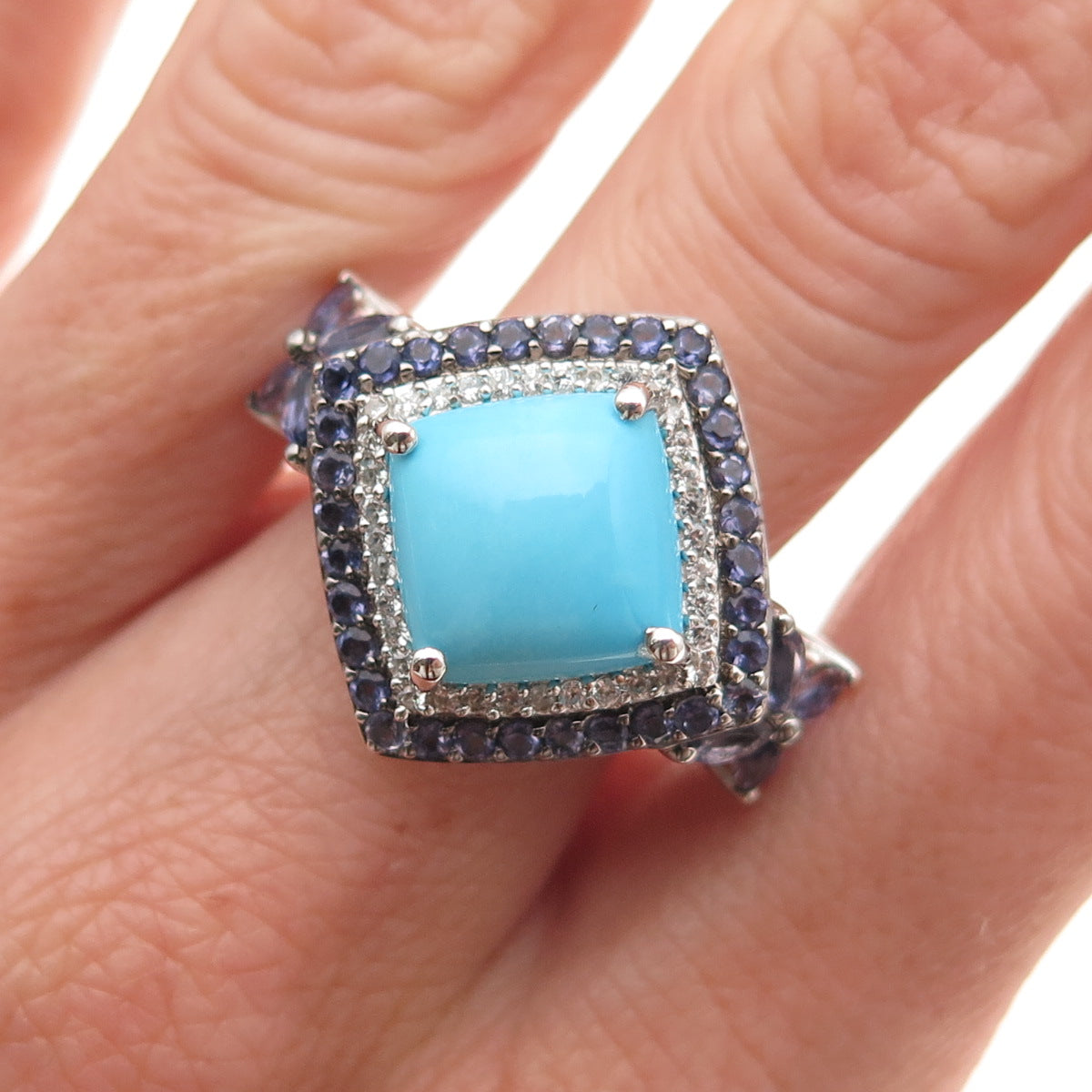 Chuck Clemency 925 Sterling Silver Real Turquoise Tanzanite & Topaz Ring Size 8