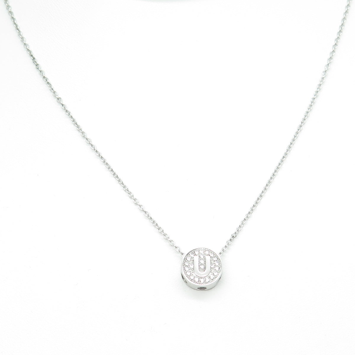 925 Sterling Silver Round-Cut C Z Letter "U" Initial Cable Chain Necklace 16-18"