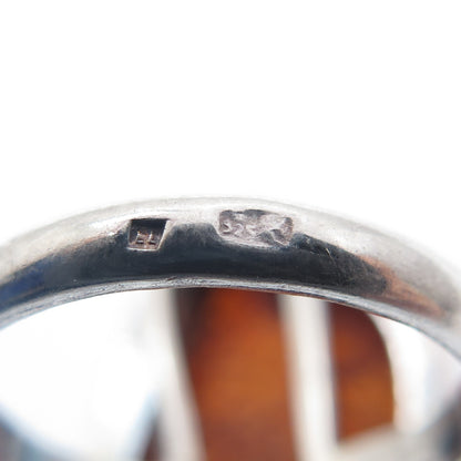 925 Sterling Silver Vintage Poland Real Amber Modernist Ring Size 8.5