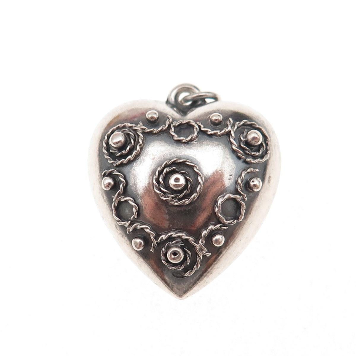 925 Sterling Silver Antique Art Deco Chatelaine Heart Oxidized Charm Pendant