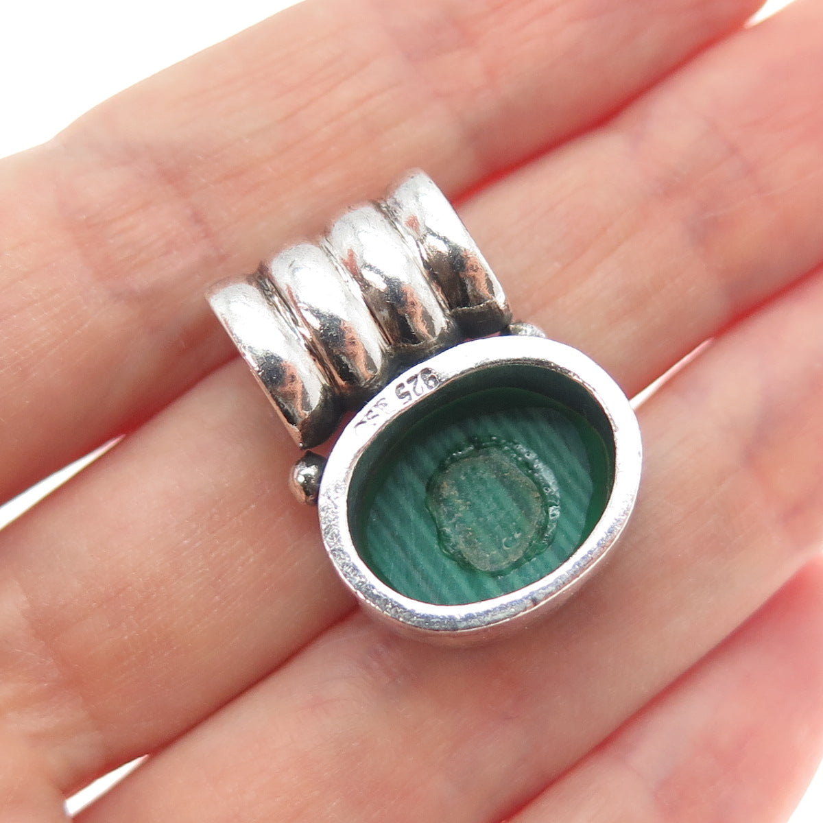 925 Sterling Silver Vintage Real Cabochon Malachite Oxidized Slide Pendant