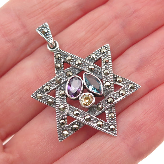 925 Sterling Vintage Real Marcasite & Multi-Color C Z Star of David Pendant