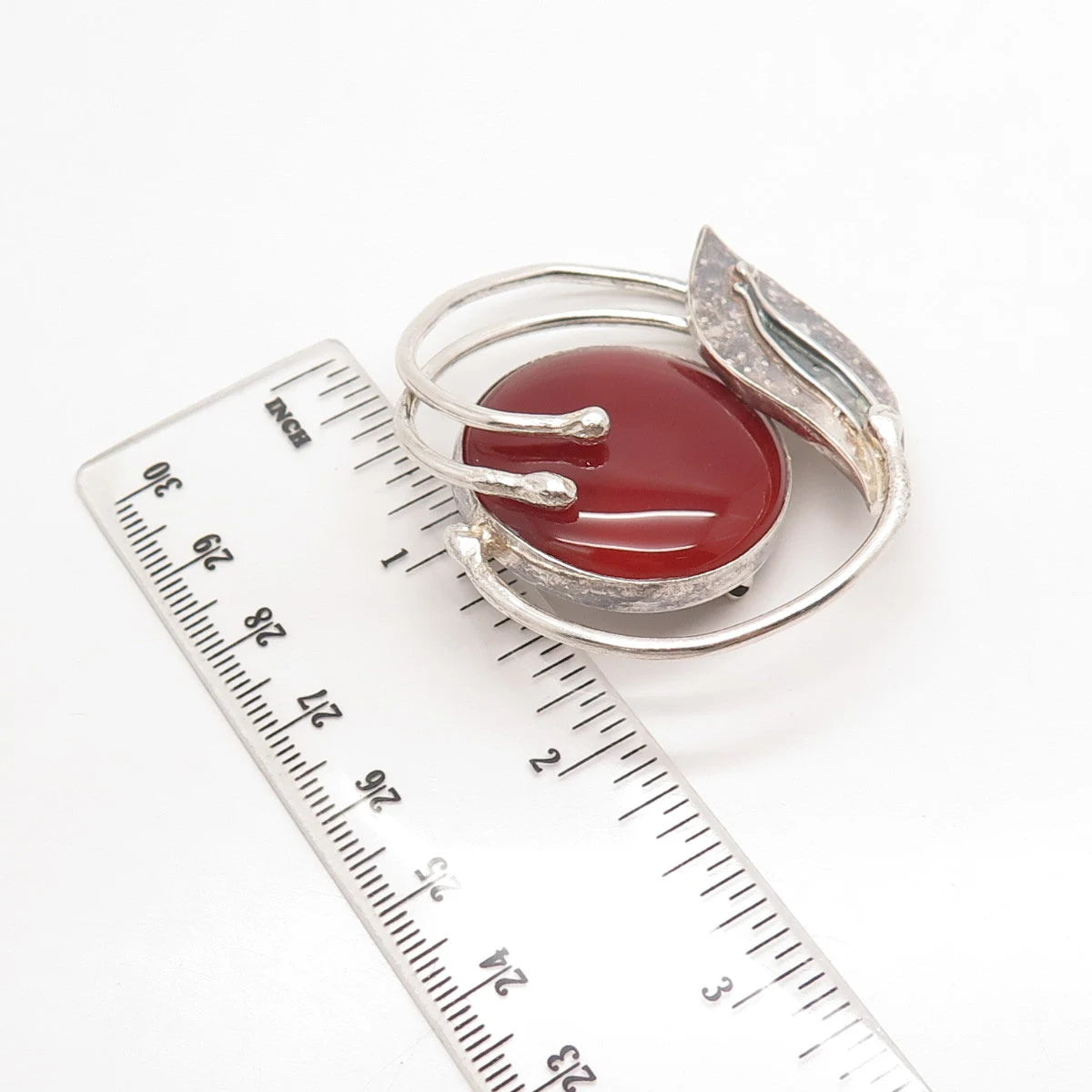 925 Sterling Silver Vintage Real Carnelian Gemstone Modernist Pin Brooch