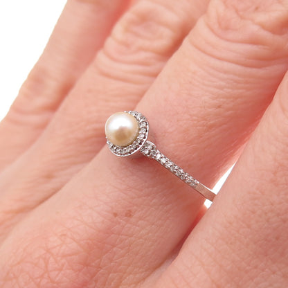 925 Sterling Silver Real Round-Cut Diamond & Pearl Ring Size 8.75
