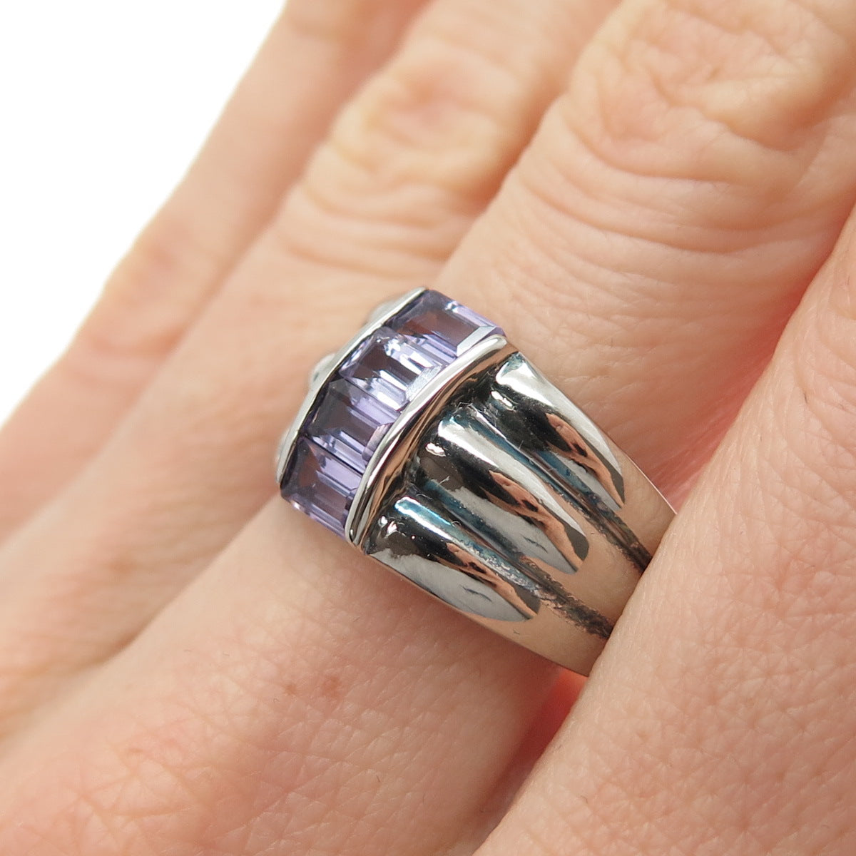 925 Sterling Silver Vintage Real Emerald-Cut Amethyst 3-Row Oxidized Ring Size 8