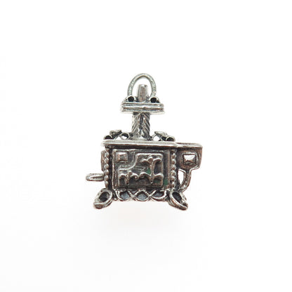 BEAU Sterling Silver Vintage Old Cast Iron Stove Oxidized Mini 3D Charm Pendant