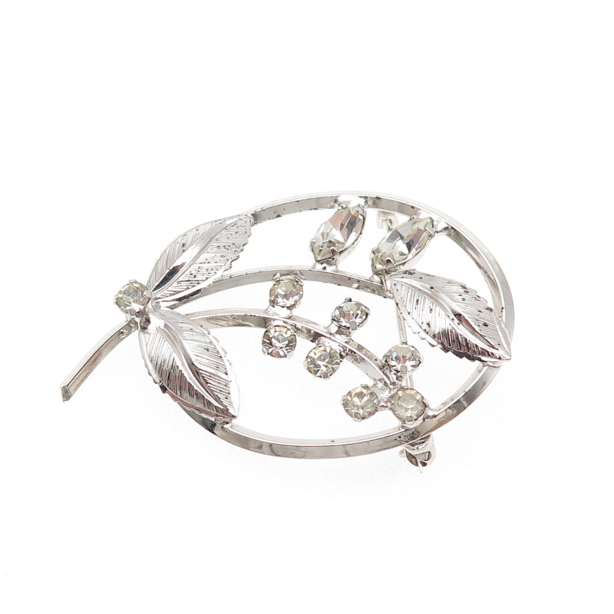 925 Sterling Silver Antique Art Deco Rhinestone Floral Pin Brooch