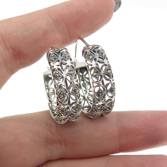 925 Sterling Silver Vintage Real Marcasite Gemstone Ornate Hinged Hoop Earrings