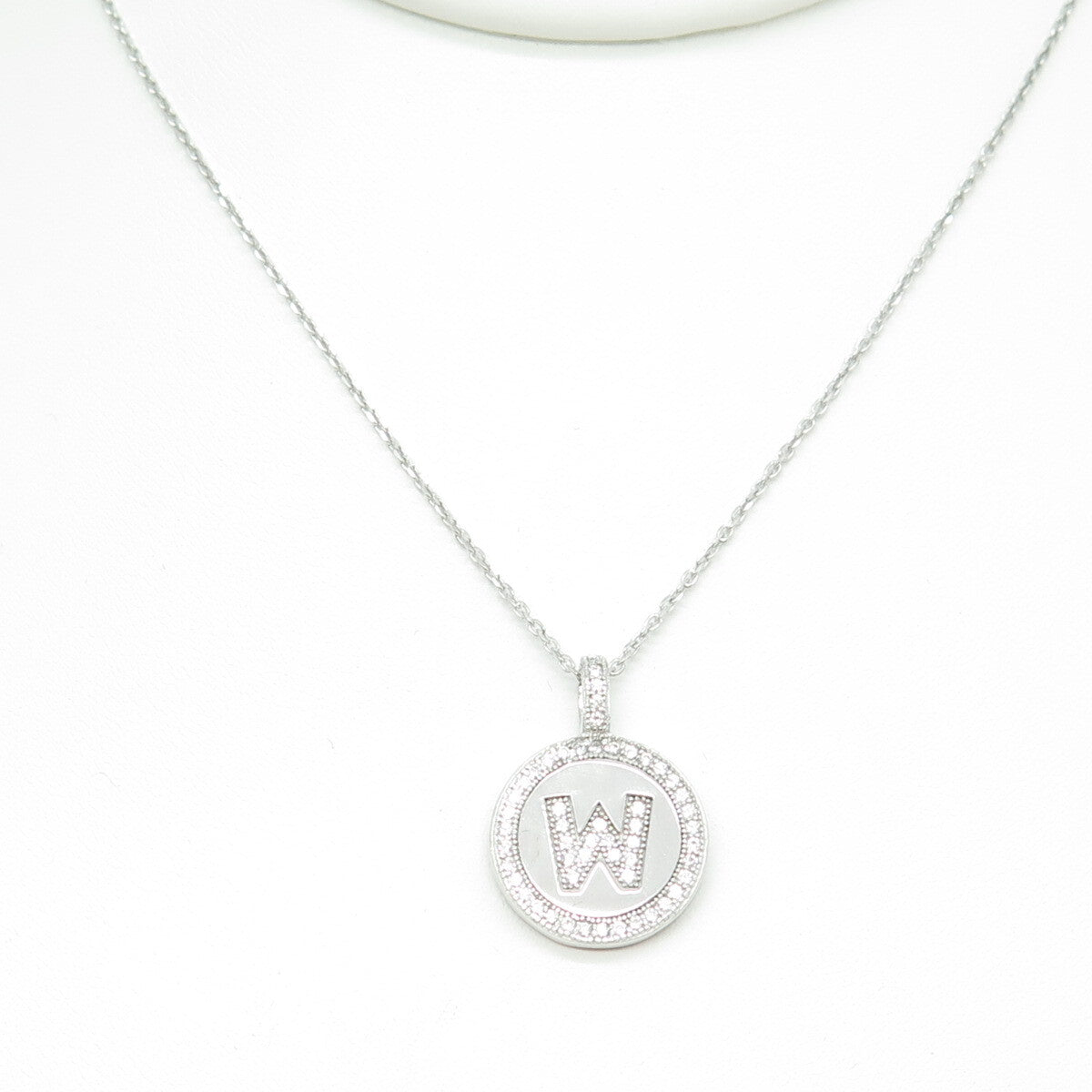 925 Sterling Silver Italy Round-Cut C Z Letter "W" Cable Chain Necklace 16"