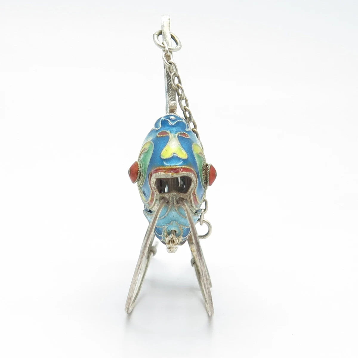925 Sterling Silver Antique Enamel Chinese Koi Fish Articulated Chatelaine Fob