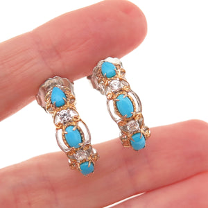 925 Sterling 2-Tone Real Sleeping Beauty Turquoise & White Topaz Hoop Earrings